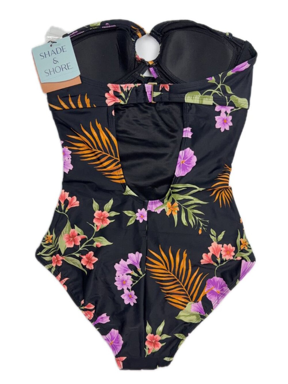 Shade & Shore Black Tropical Floral Bandeau One Piece Swimsuit Ruched Small NWT - Picture 12 of 14